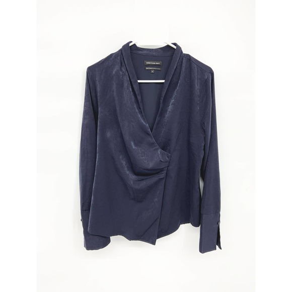 Something Navy Night Blue Draped Front V Neck Long Sleeve Wrap Blouse Size M - Picture 2 of 8
